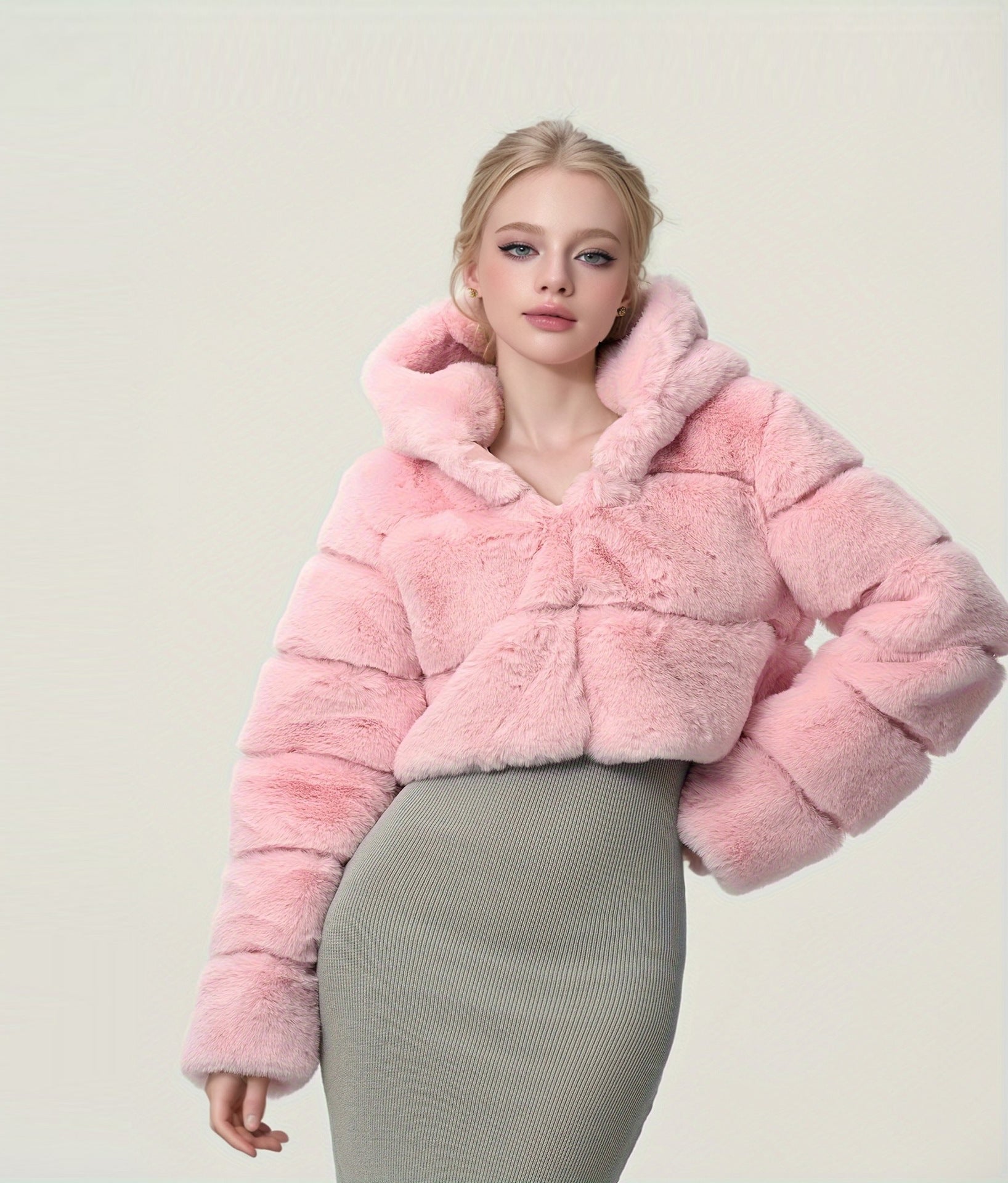 hooded imitation rabbit fur long sleeve spliced jacket