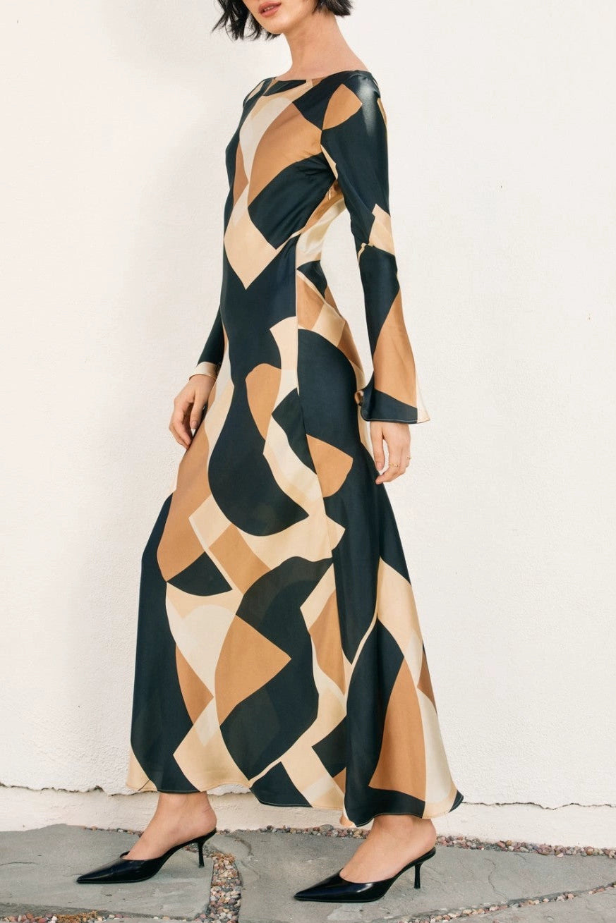 block satin flared sleeve midi dress