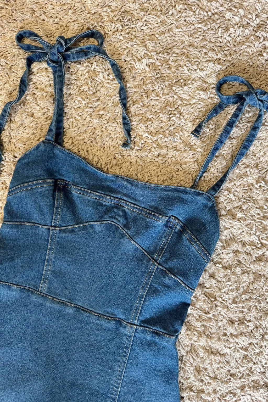 bow lace-up cotton denim dress