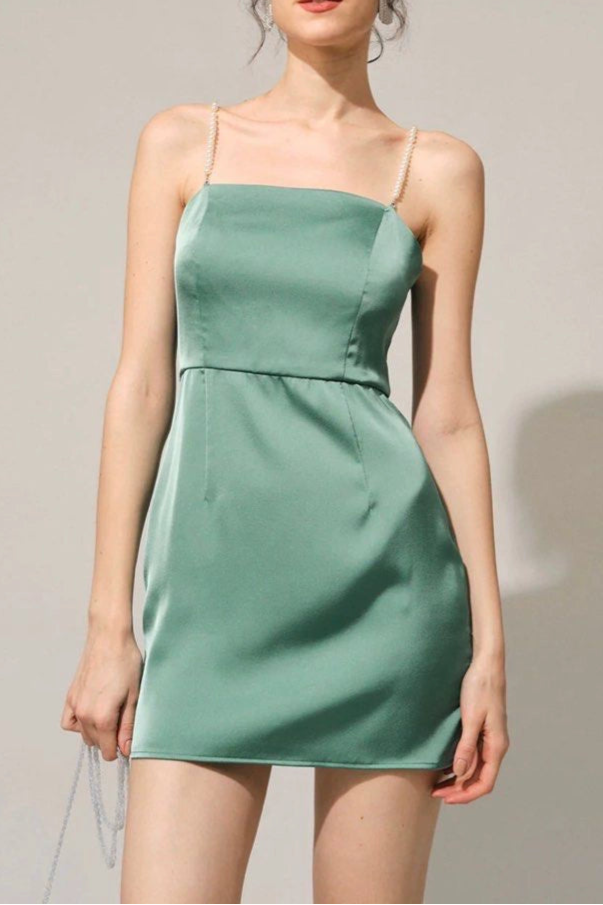 Green  Square Neck Pearl Suspenders mini Dress