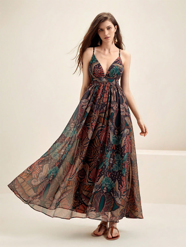 Printed V-neck Seaside Suspender Dress