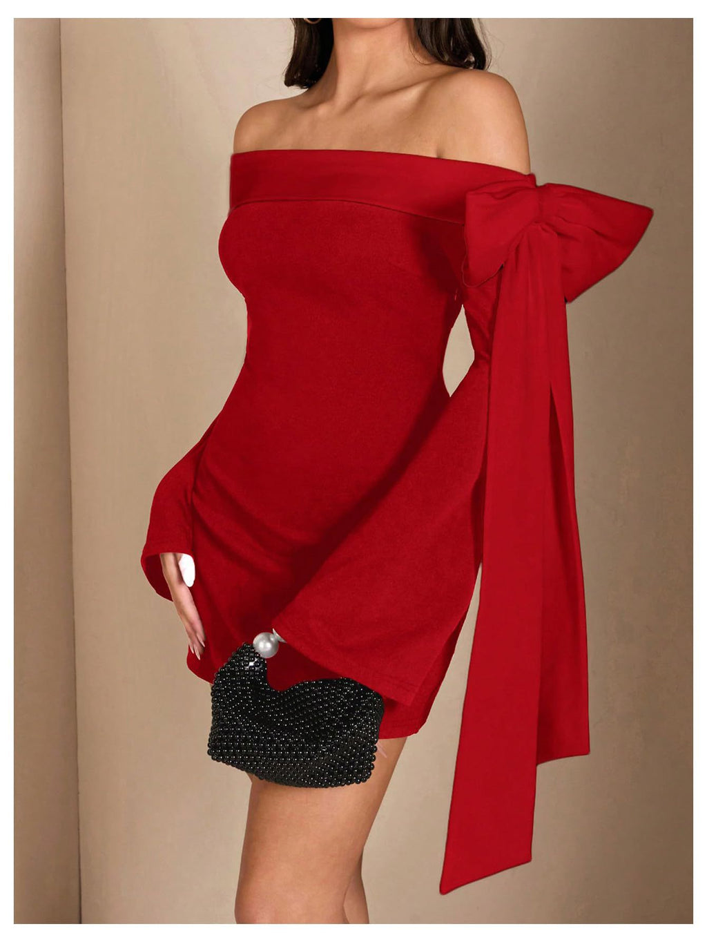 red Off-the-Shoulder Flared Sleeve Mini Dress