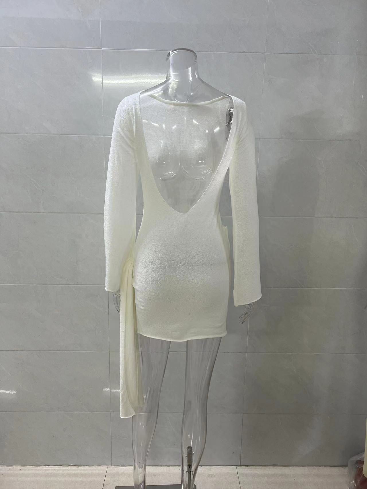 white long sleeve knitted mini dress