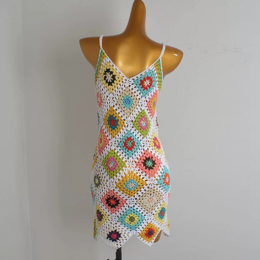 Boho Granny Square Crochet Mini Dress