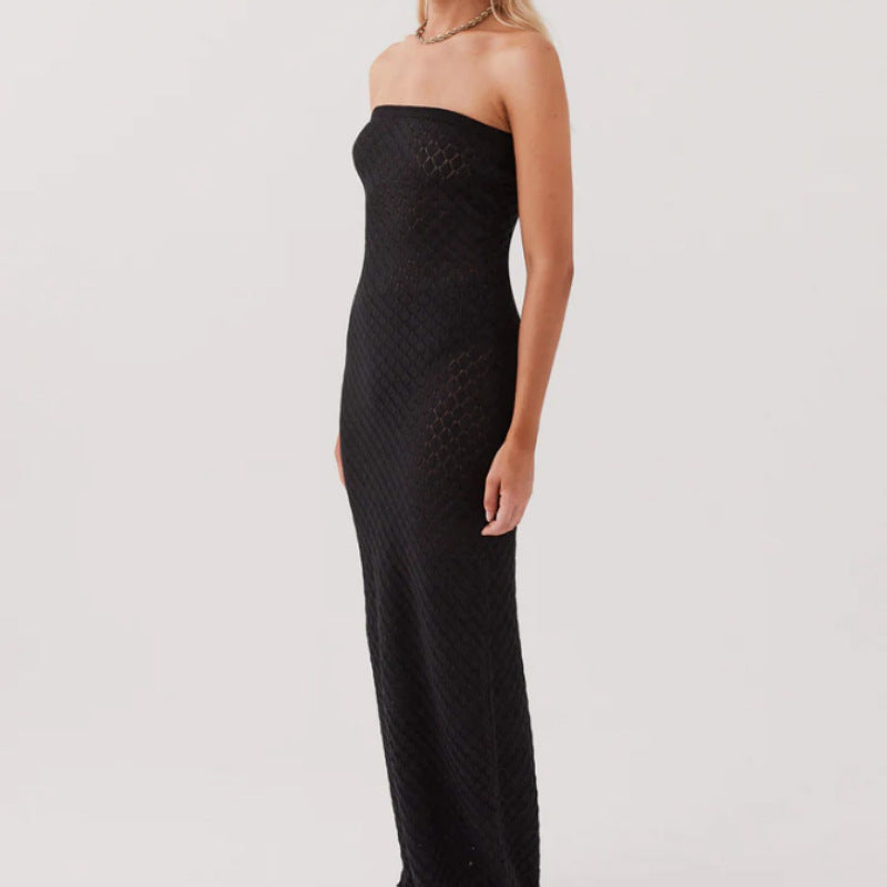 black Hollowed-out backless strapless maxi dress