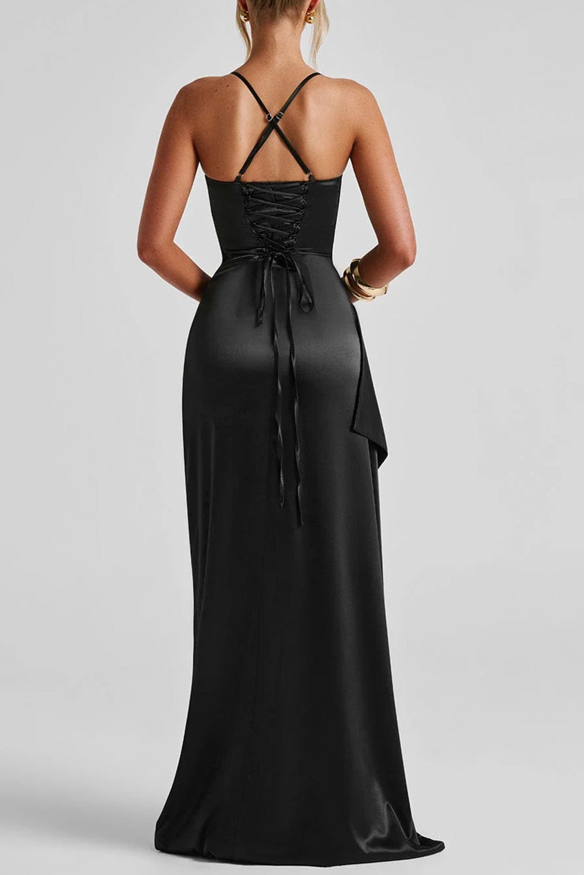 black suspender wrap maxi dress