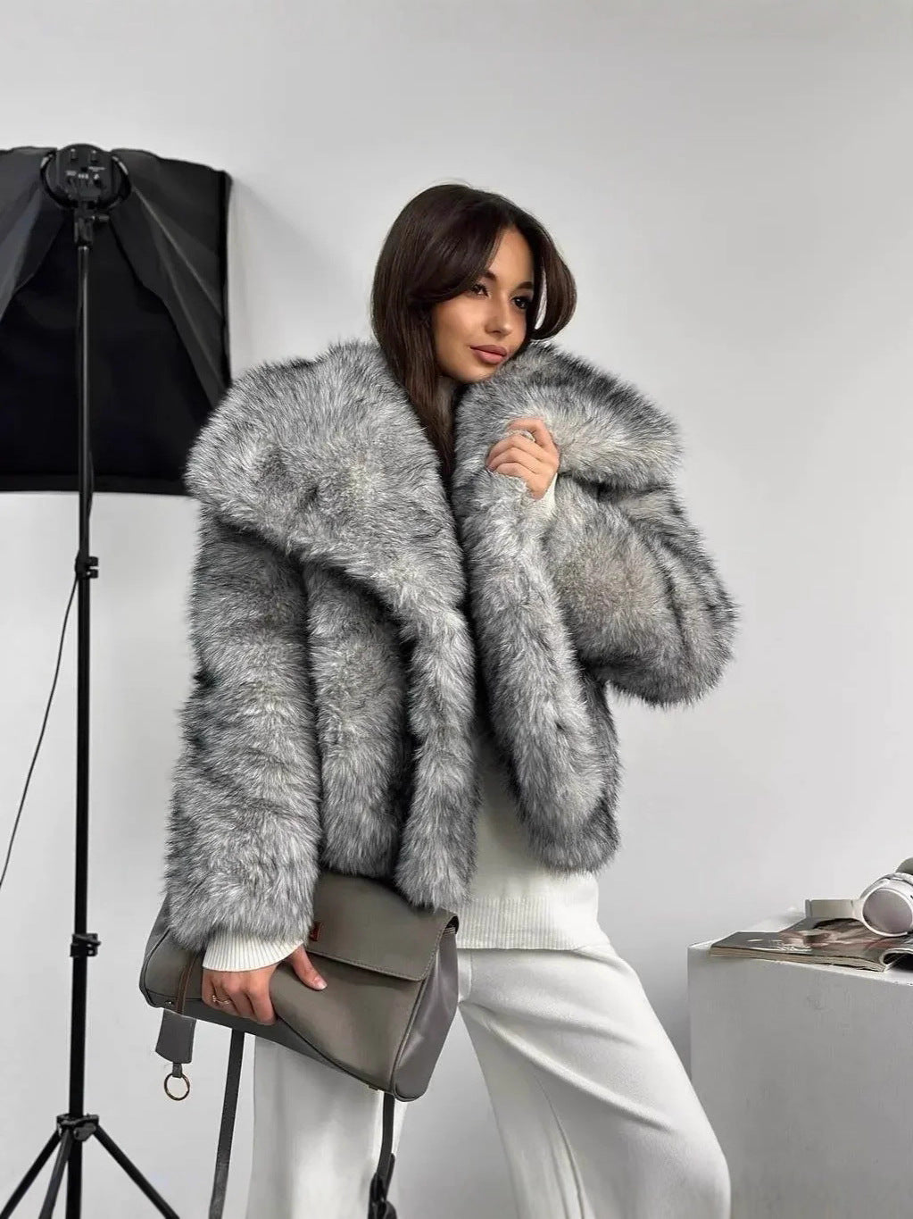 artificial leather fox fur jacket in Gray