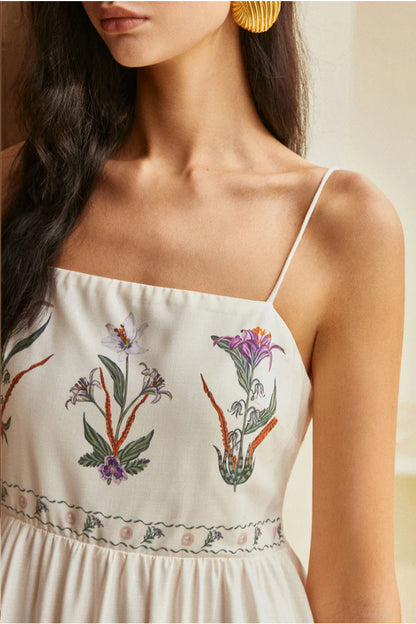 white suspender printed backless beach dress