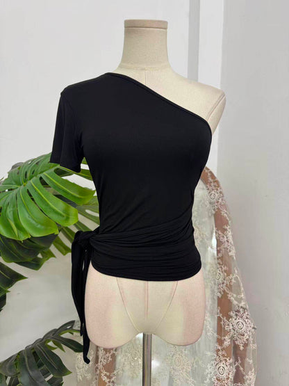 One-piece Slanted Shoulder Strap Short Sleeve Top