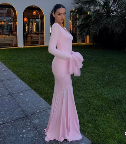 pink splicing irregular flared sleeve dress