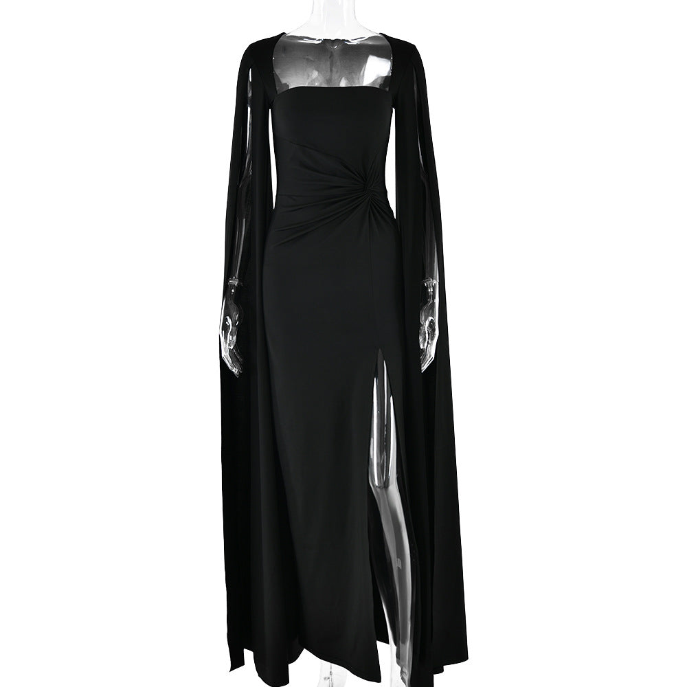 black square neck long sleeve high slit dress