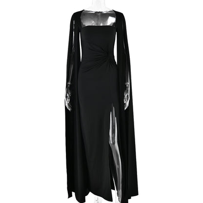 black square neck long sleeve high slit dress