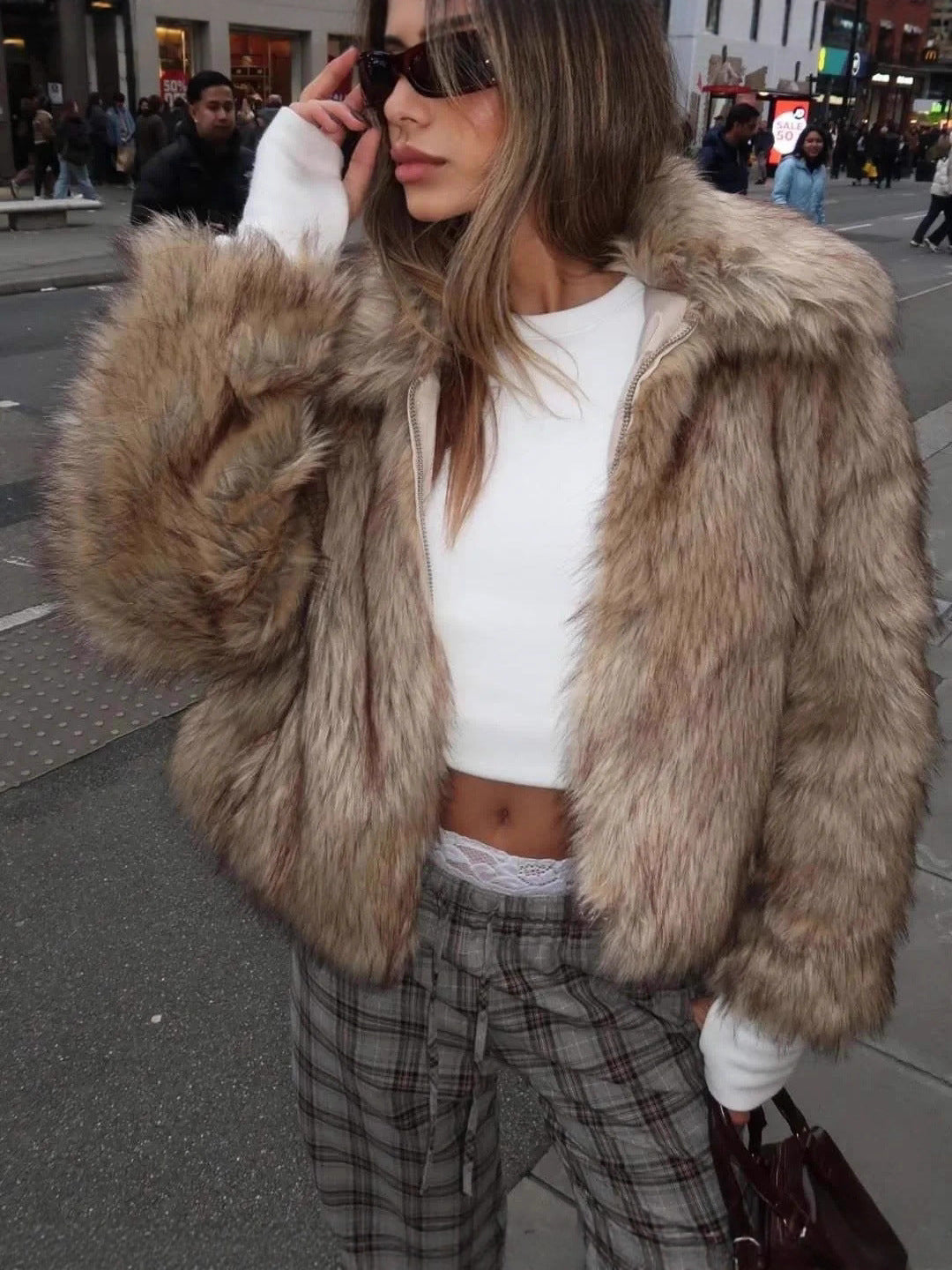 warm imitation fur jacket in Light yellow