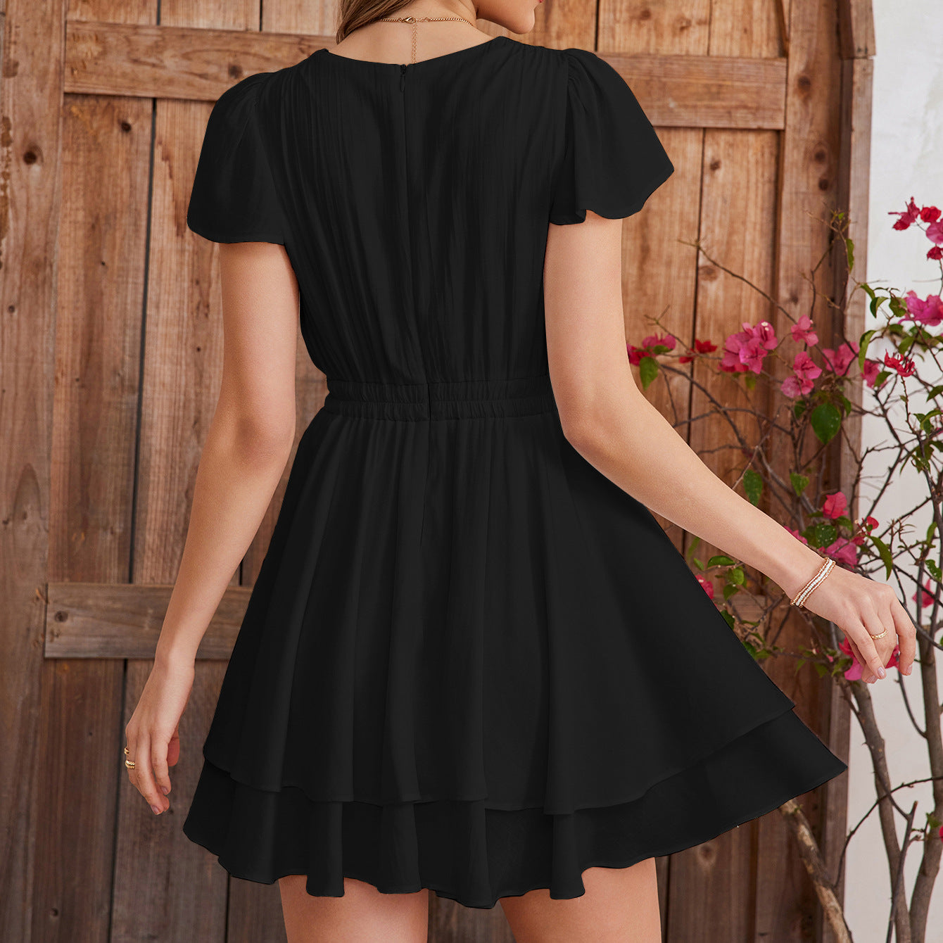 black deep V-neck waist-cinching ruffled fly-sleeve A-line dress