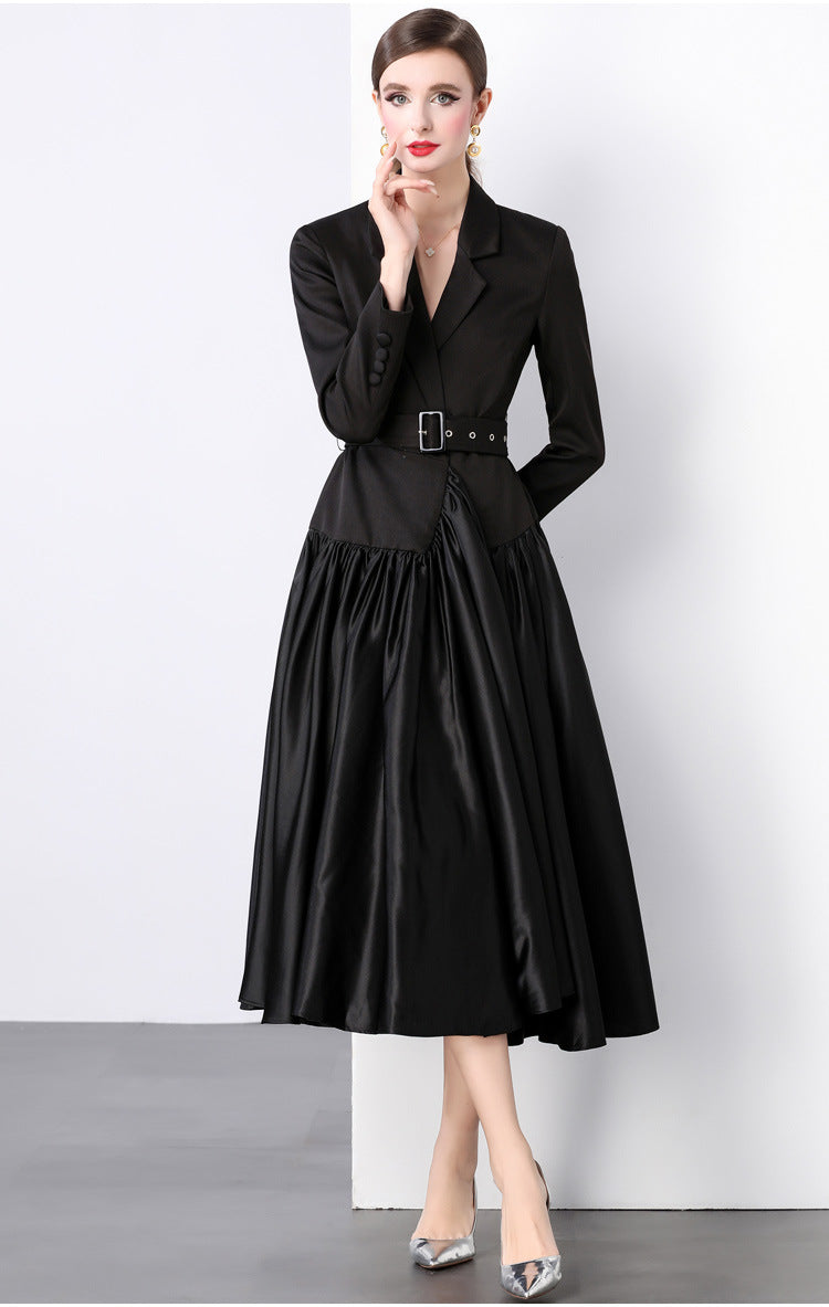 Suit collar belted long skirt