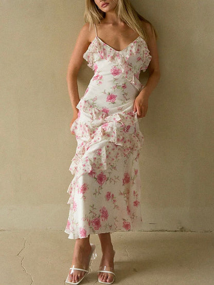 white floral ruffled slip dress
