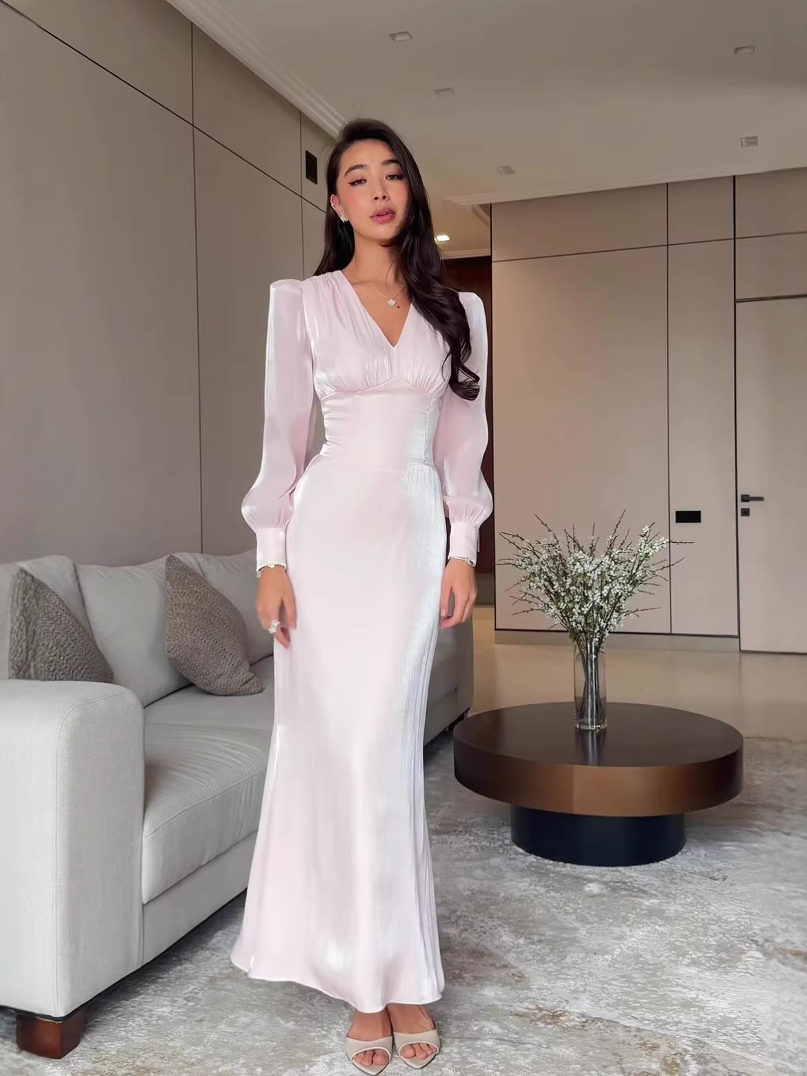 white long-sleeved maxi dress