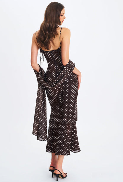 suspender scarf decorated with polka dot print backless dress