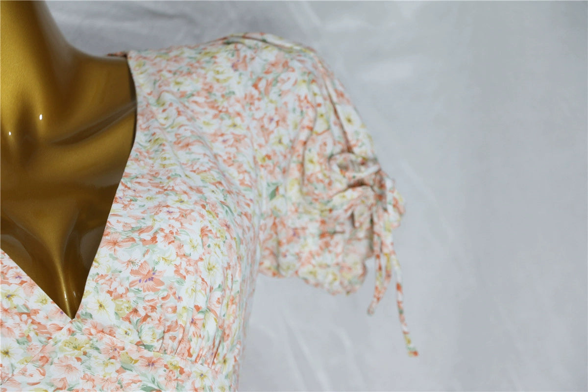 pink floral V-neck mini dress