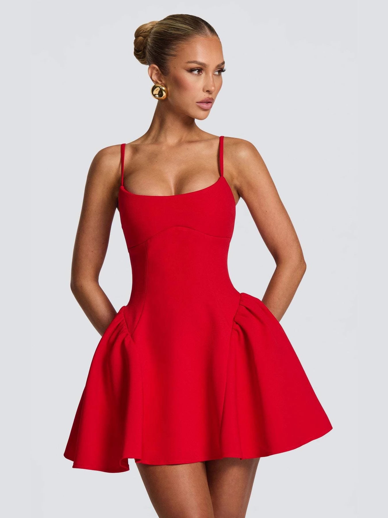 red bandeau open back suspender short puffy dress