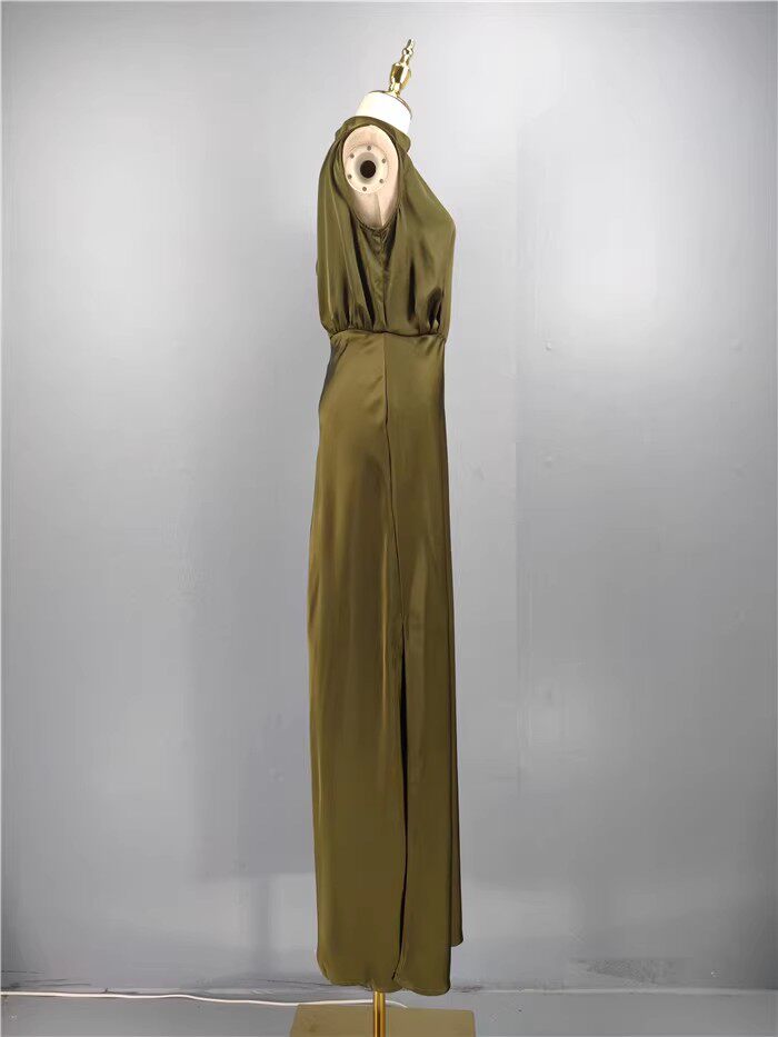 green stand collar slit banquet dress
