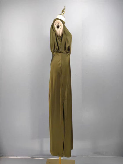 green stand collar slit banquet dress