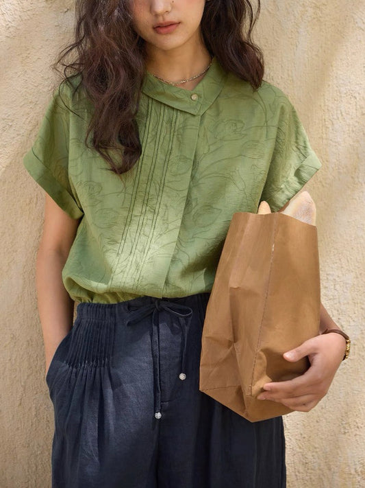 green linen jacquard asymmetrical lapel short sleeve shirt