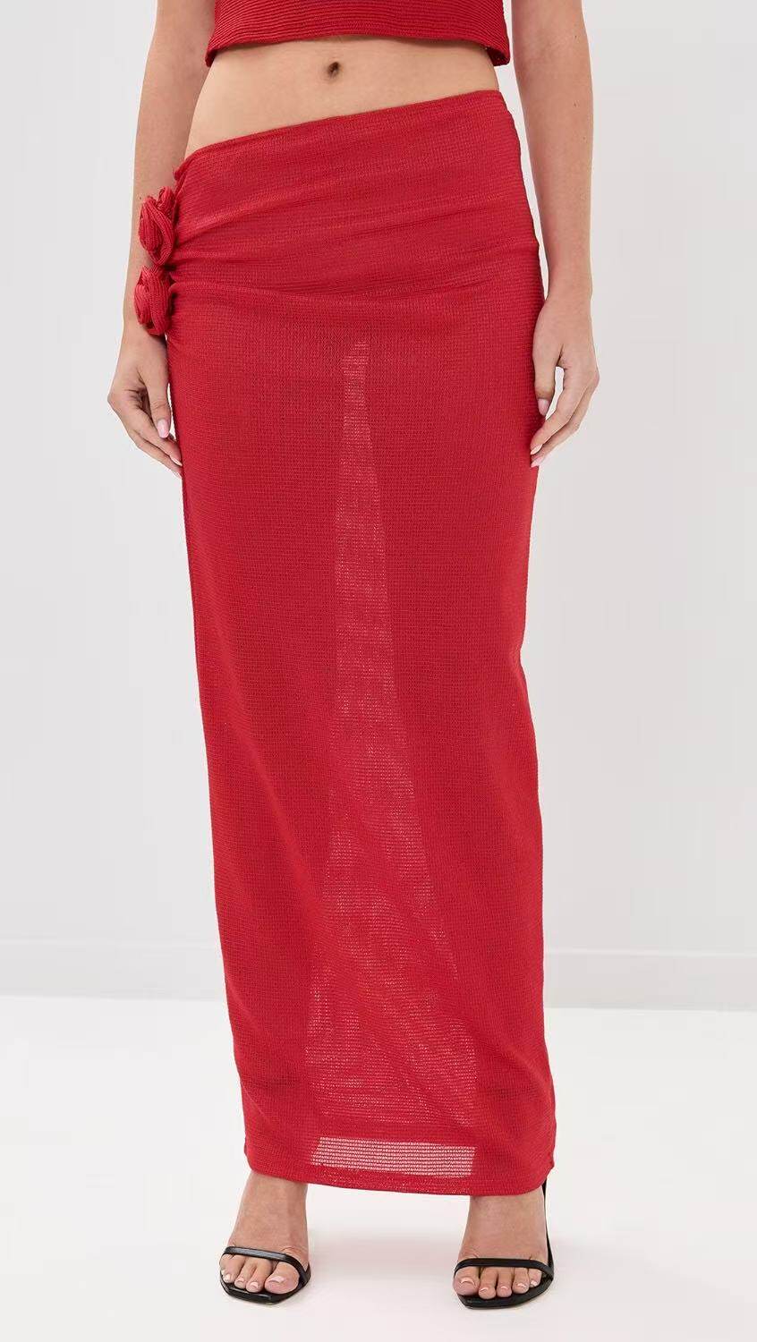 Red Knit Sheer Flower Skirt