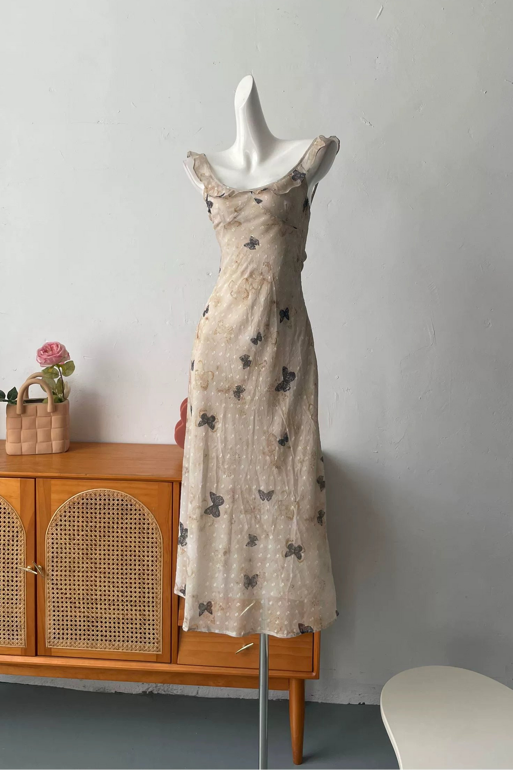 butterfly print camisole ruffled maxi dress