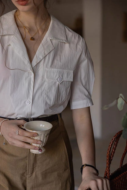white short-sleeve cotton brocade textured shirt top