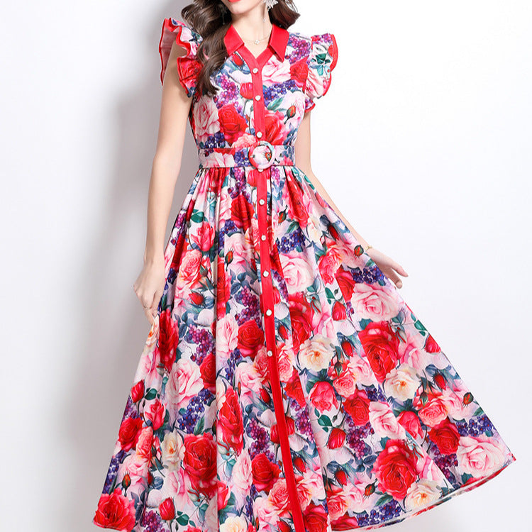 Printed ruffled sleeve collar single-breasted maxi dress
