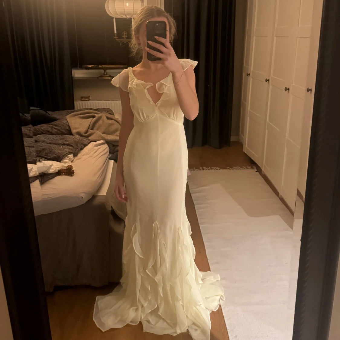 light yellow splicing ruffled maxi dress