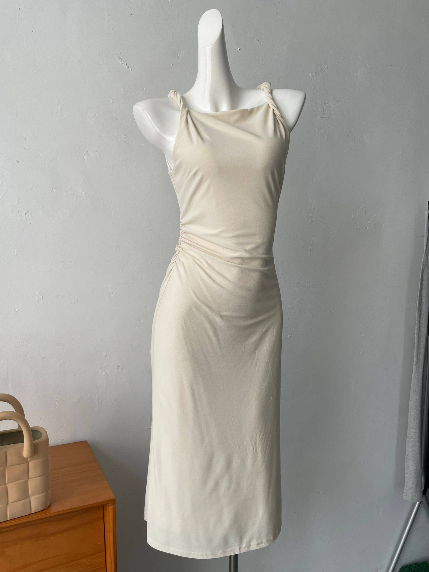 twisted suspender waist slimming midi dress