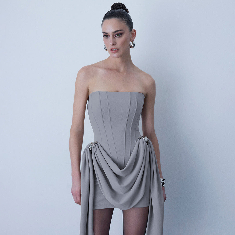 grey open back bandeau streamer mini dress