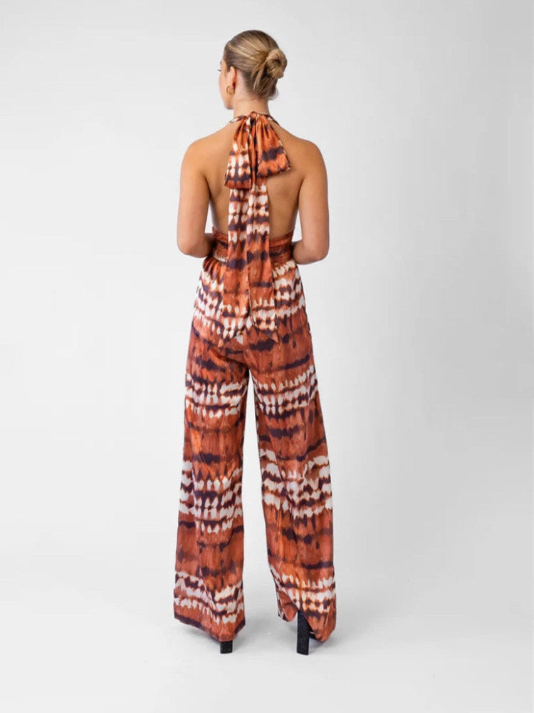 satin leopard print halterneck lace-up backless long jumpsuit