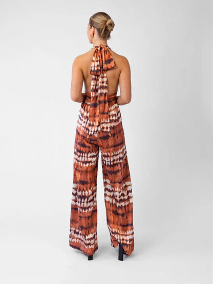 satin leopard print halterneck lace-up backless long jumpsuit