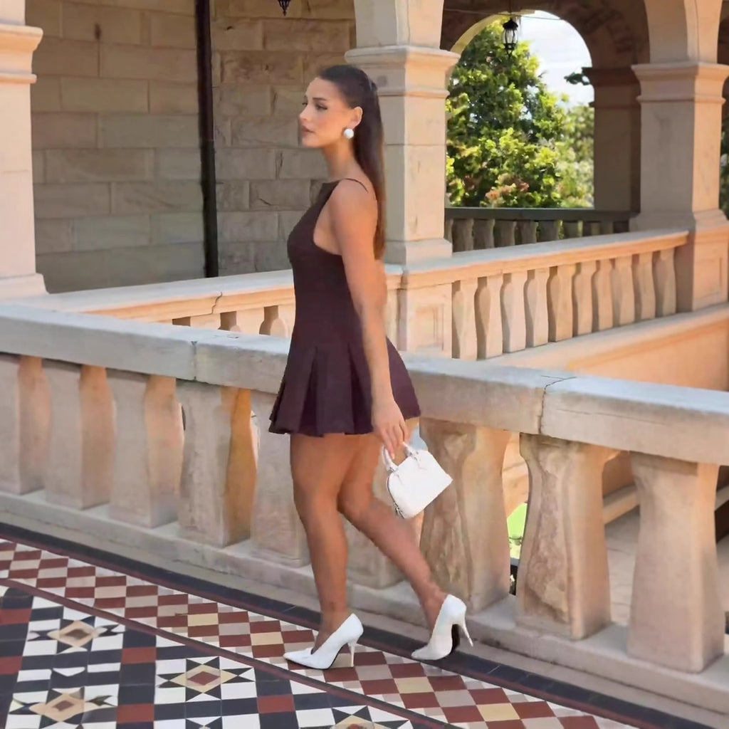 brown Spaghetti strap backless pleated mini dress