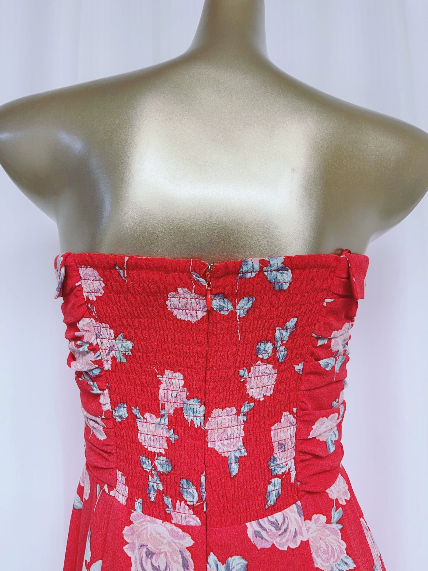red floral pleated waist slit bandeau dress