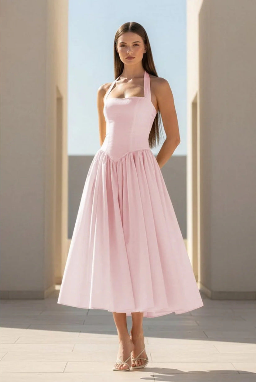 pink Halter Strappy Backless midi Dress