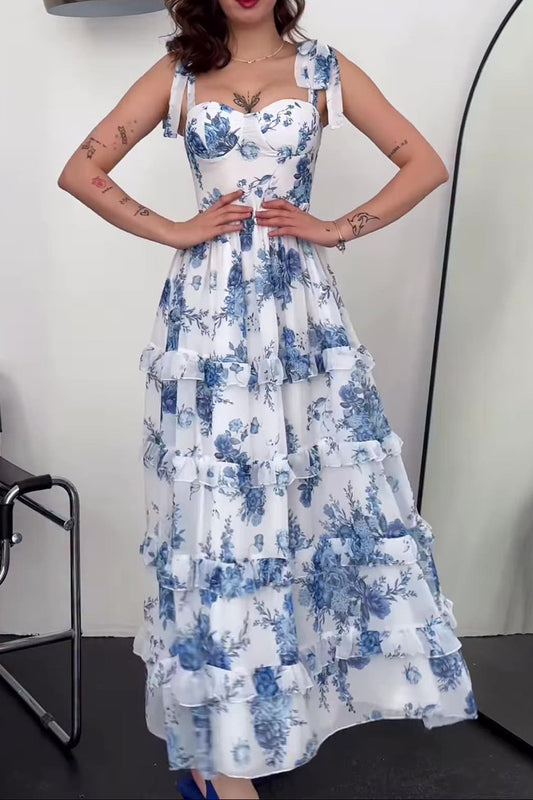 blue sleeveless long skirt waist dress
