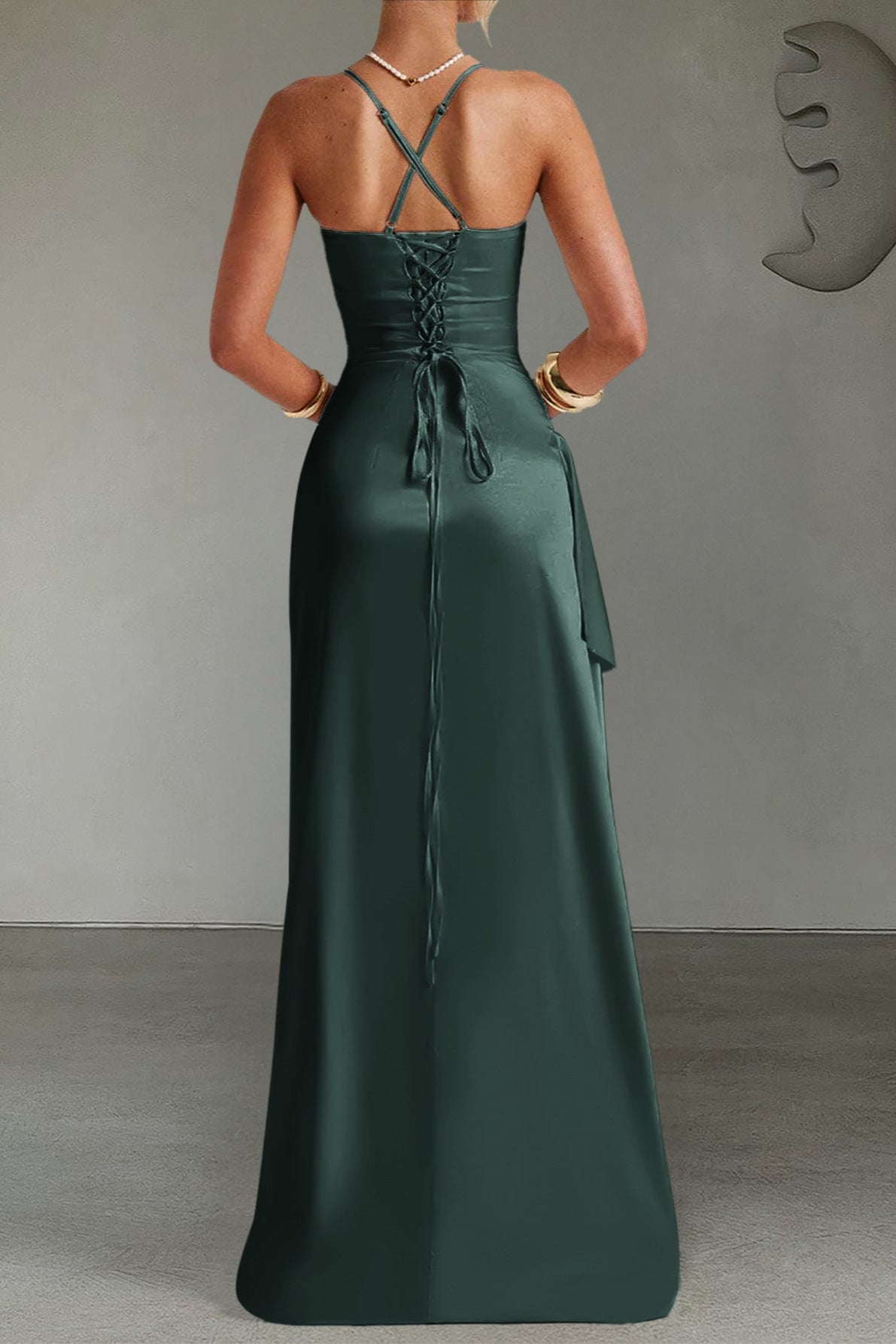 green suspender wrap maxi dress