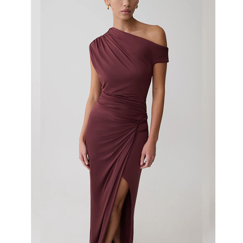 Pleated High Slit Slanted Shoulder Dress
