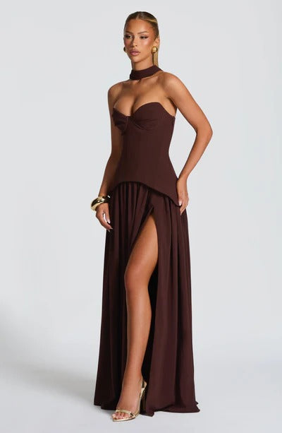 brown gauze fishbone bandeau maxi dress