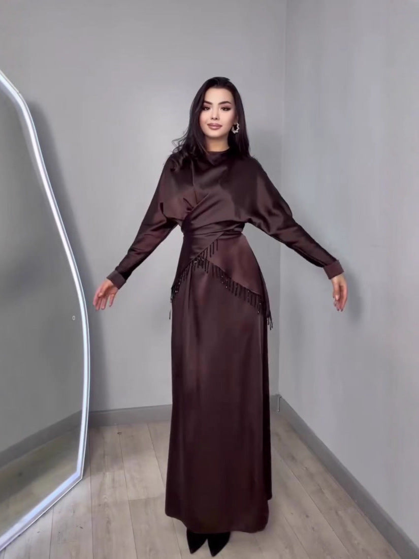 brown long-sleeved maxi dress