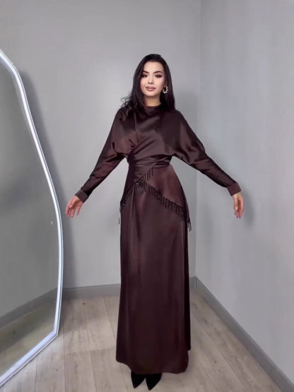 brown long-sleeved maxi dress
