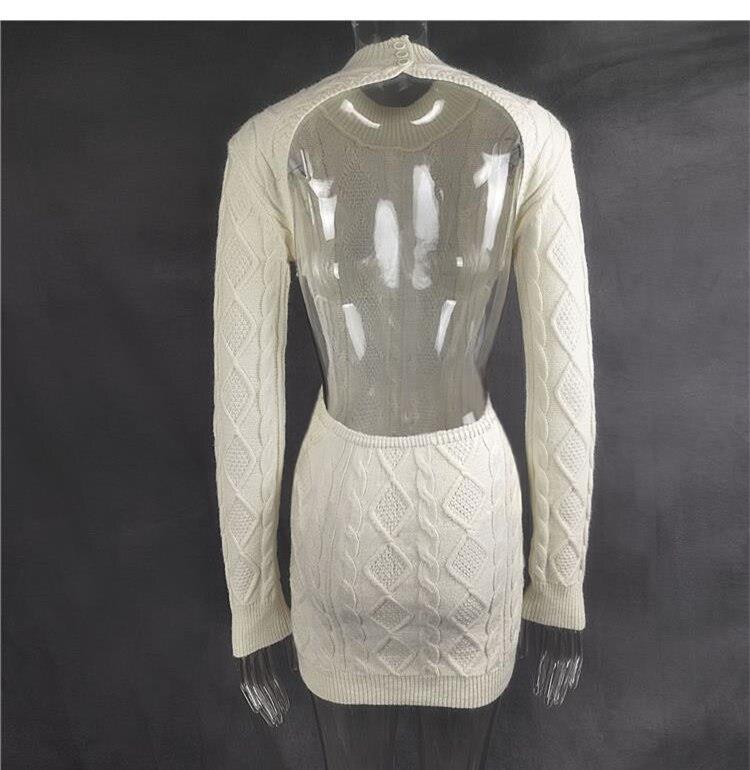 white backless long sleeve twist knitted sweater dress