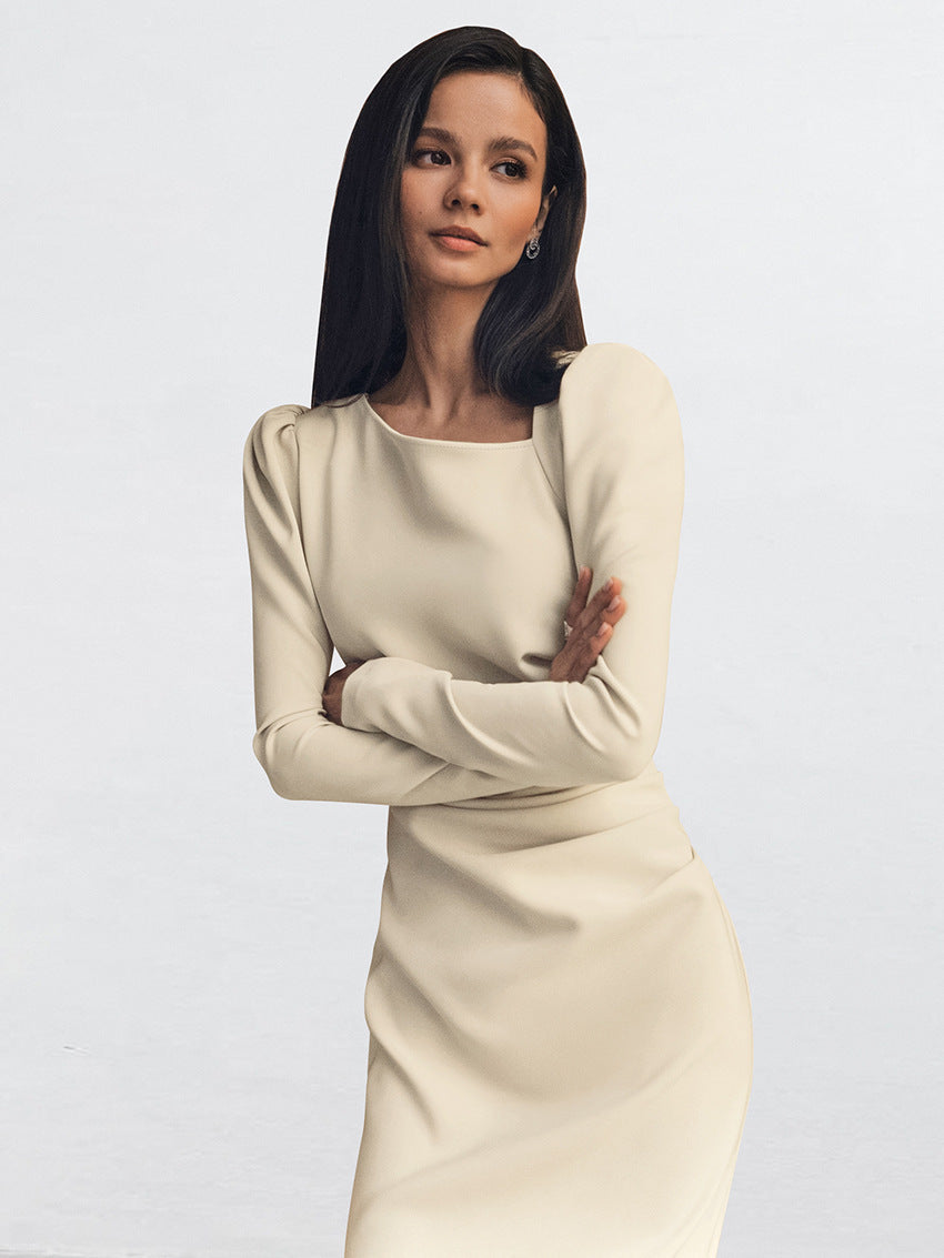 Irregular neckline puff sleeve bodycon slit dress