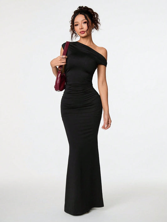 Black off-shoulder asymmetrical maxi dress