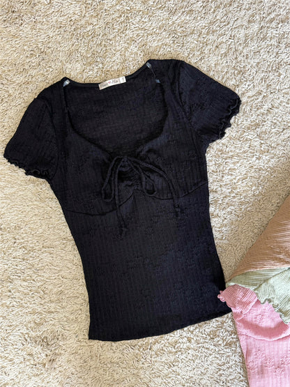 Ruched Front Ruffle Short Sleeve U-Neck Knit Top