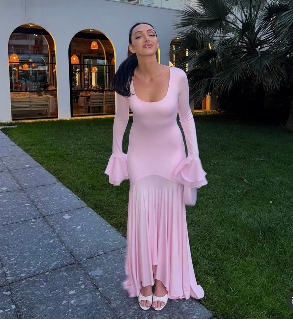 pink splicing irregular flared sleeve dress